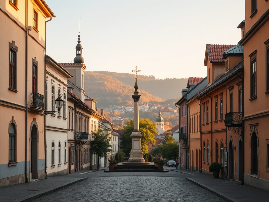 Panorama Złotoryi z charakterystyczną wieżą widokową w tle, ukazująca malownicze położenie miasta.