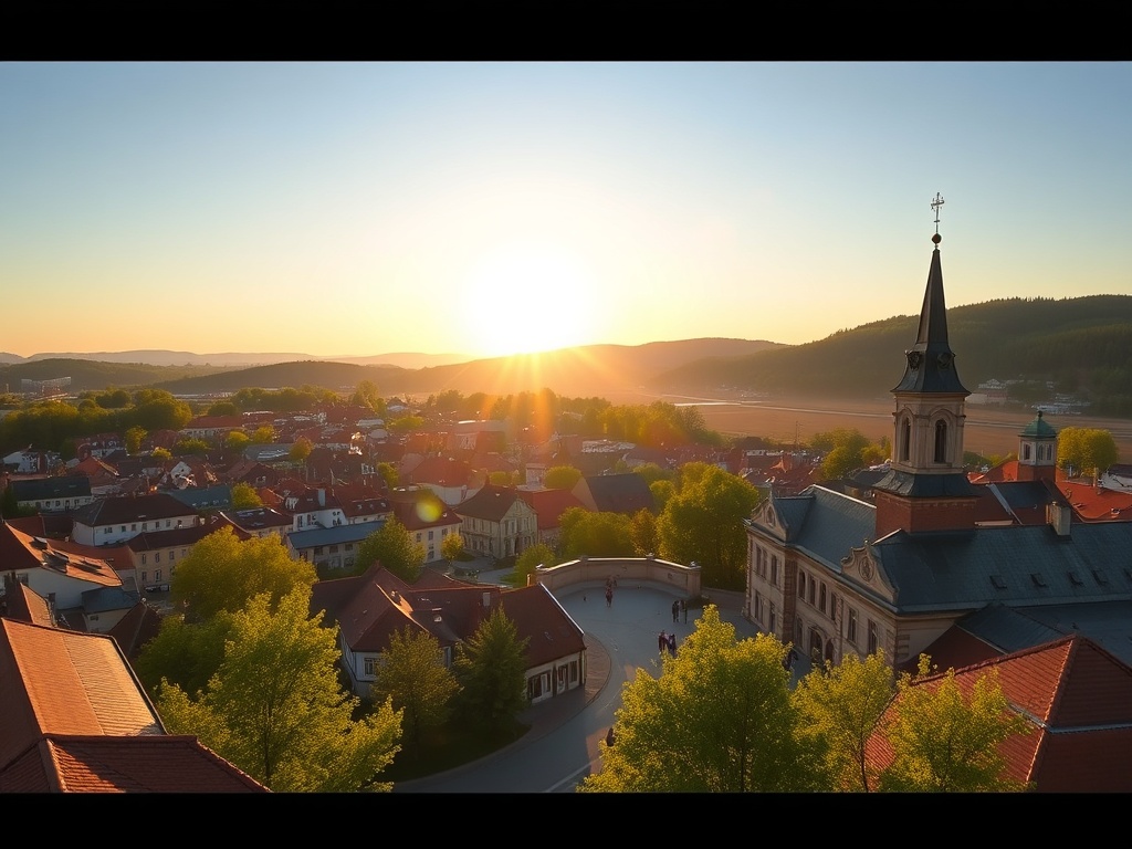 Widok na złotoryjski rynek z Wieżą Kwadratową podczas słonecznego dnia