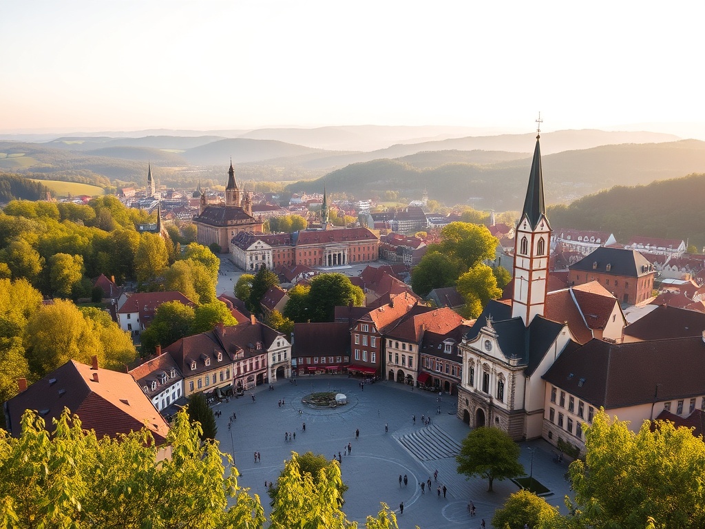 Widok na złotoryjski Rynek podczas słonecznego dnia, symbolizujący atmosferę majówkowych obchodów.