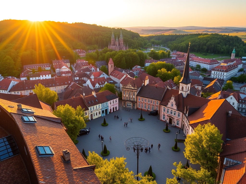 Widok na Rynek w Złotoryi podczas słonecznego dnia, z kolorowymi kamienicami i placem miejskim.